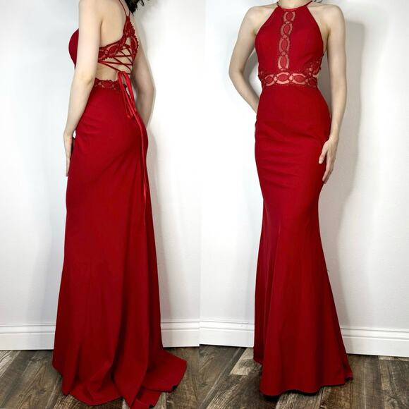 Madison James Prom 19-184 Dress Red Open Corset Back Very Long - Picture 2 of 8